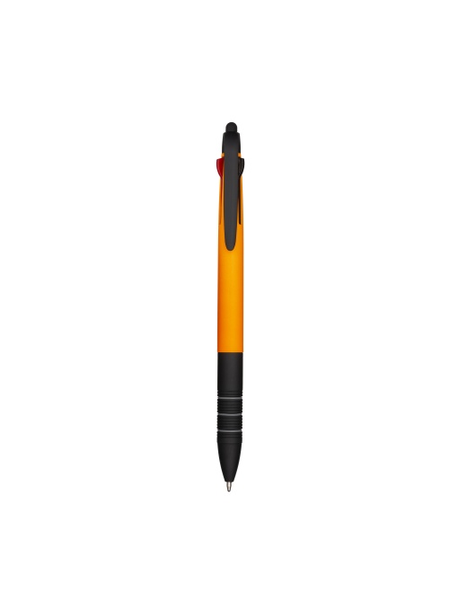 ON™ Plastic snap pen with 3 refills in blue, black and red, and touchscreen rubber tip