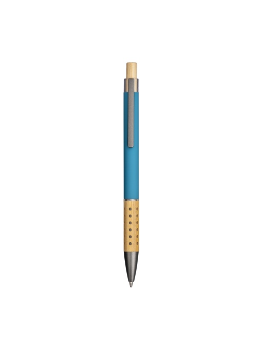 ON™ Rubberized recycled aluminum snap pen. Burnished details , bamboo button and grip