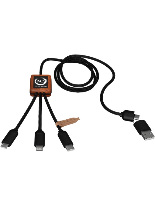 PF™ SCX.design C38 cablu de încărcare 5-în-1 40W rPET cu logo iluminat și carcasă pătrată din lemn - Img 1