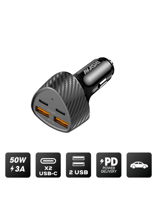 AK™ KURUMA Încărcător auto turbo 37W USB Type-C + 2x USB-A, negru carbon