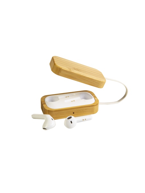 ON™ Bluetooth earbuds with bamboo charging box, with silicone handle and micro USB cable