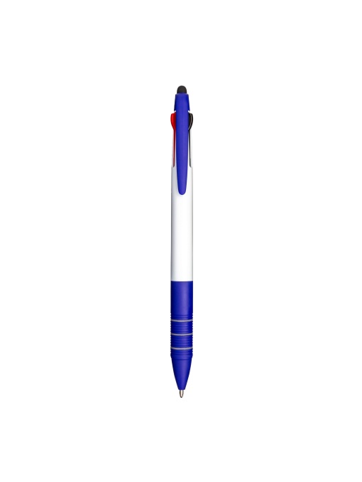 ON™ Plastic snap pen with 3 refills in blue, black and red, and touchscreen rubber tip