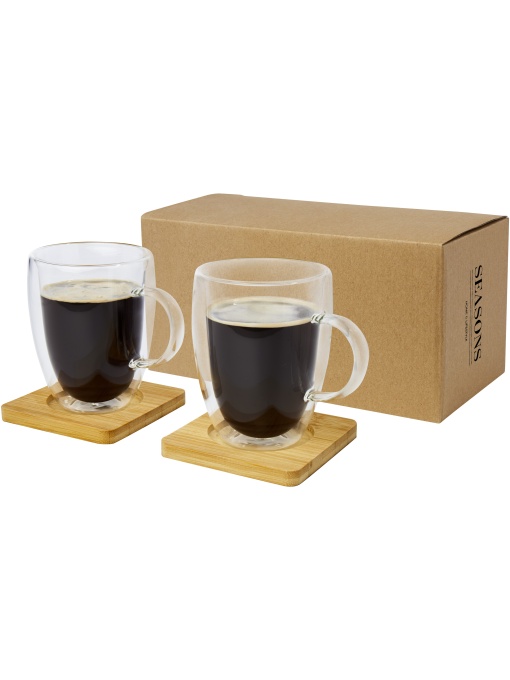 PF™ Manti set 2 pahare cu pereți dubli 350 ml cu suport din bambus