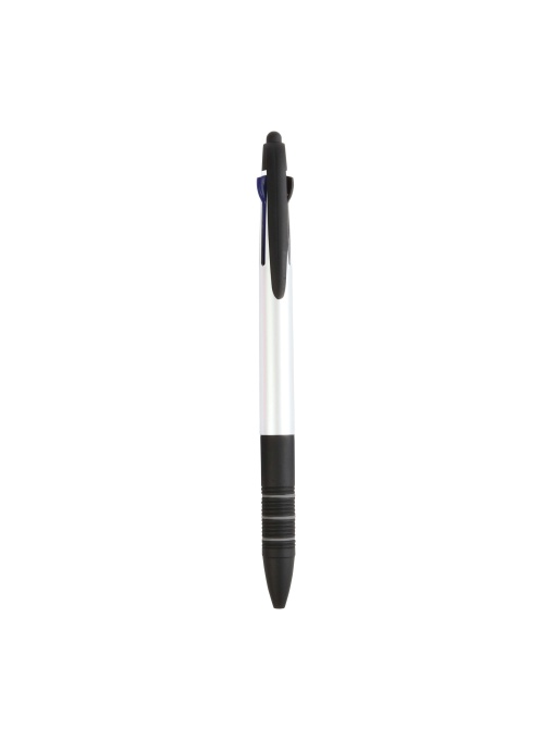 ON™ Plastic snap pen with 3 refills in blue, black and red, and touchscreen rubber tip