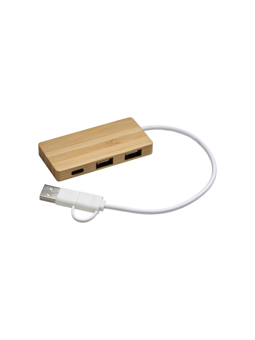 ON™ Bamboo USB hub with 2 USB A ports and 1 type C port, integrated USB A and USB C cable