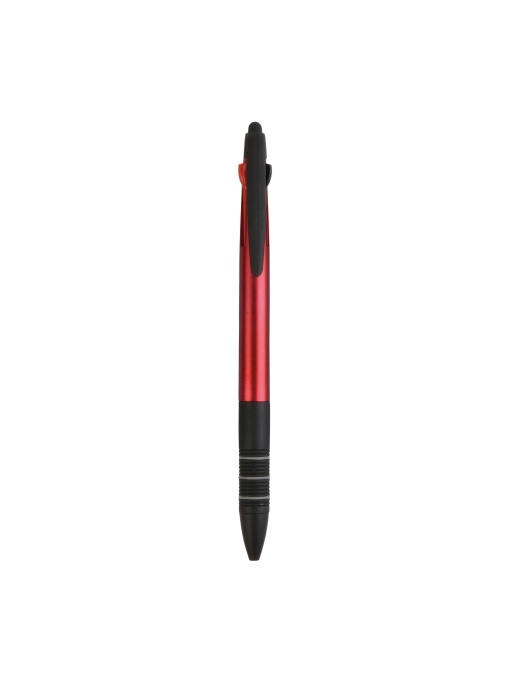ON™ Plastic snap pen with 3 refills in blue, black and red, and touchscreen rubber tip