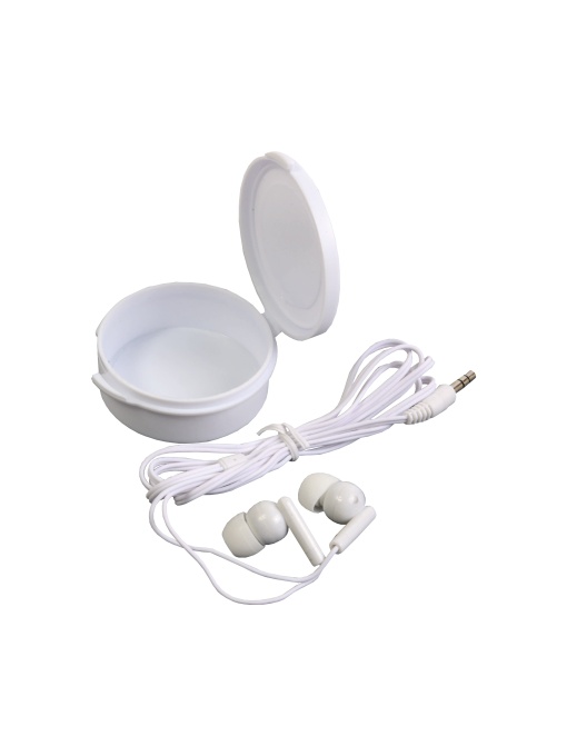 ON™ Plastic stereo in-ear headphones with round customisable case. Jack 3.5 mm