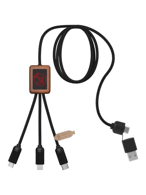 PF™ SCX.design C38 5-in-1 rPET light-up logo charging cable with squared wooden casing