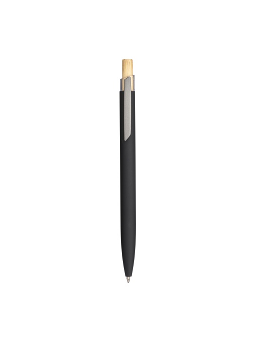 ON™ Rubberized recycled aluminum snap pen. Burnished details , bamboo button