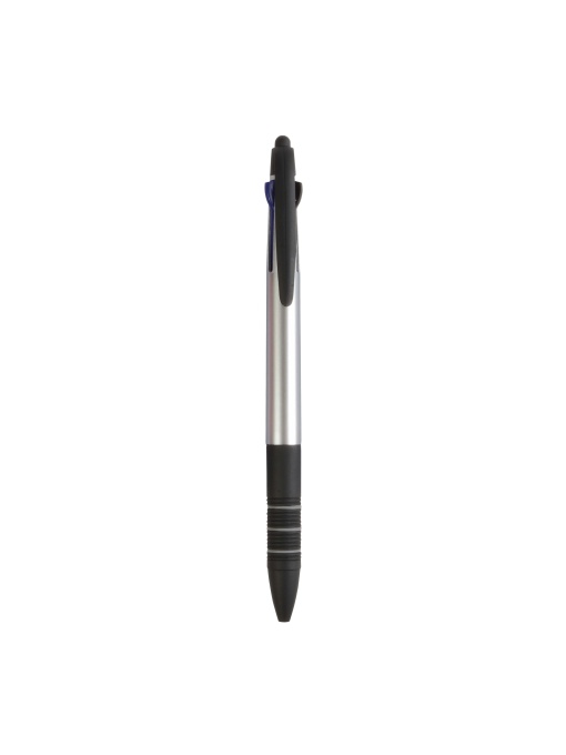 ON™ Plastic snap pen with 3 refills in blue, black and red, and touchscreen rubber tip