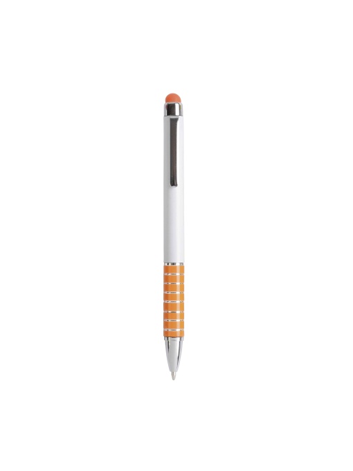 ON™ Twist pen with white plastic barrel and coloured aluminium grip, matching the touchscreen