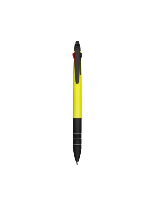 ON™ Plastic snap pen with 3 refills in blue, black and red, and touchscreen rubber tip
