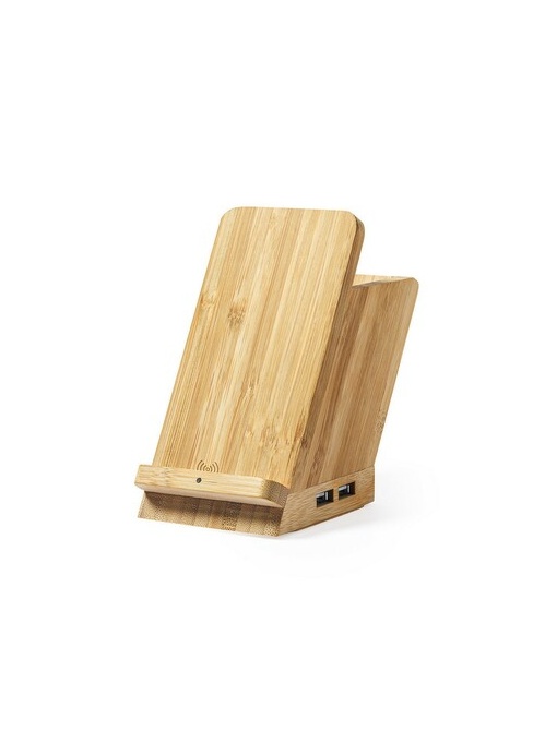 AX™ Încărcător wireless din bambus 5W, hub USB 2.0, suport pentru pixuri, suport pentru telefon