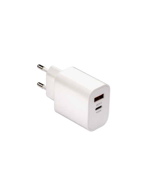 ON™ ABS USB wall charger with 1 USB A port and 1 USB-C port. With 2-pin European plug