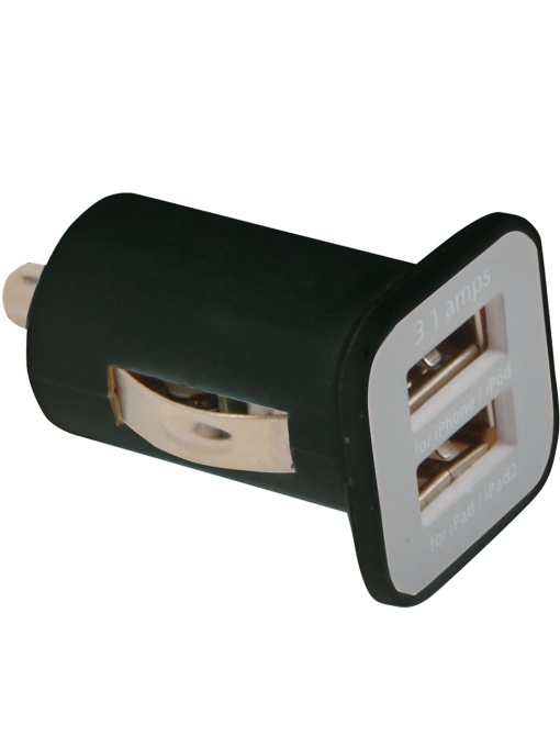 ON™ Micro USB car charger with 2 USB ports. Input 12 V - Output 5 V/1000 mA; 5 V/2100 mA