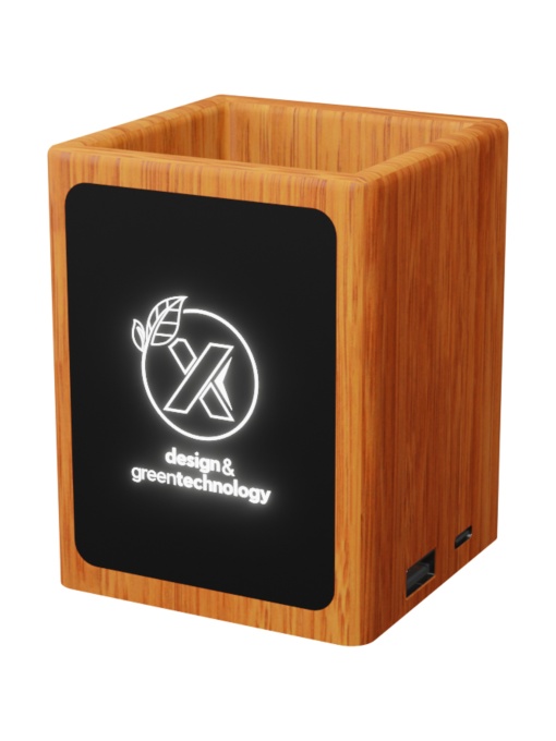 PF™ SCX.design O12 suport din lemn pentru creioane cu logo luminos și ieșire USB dublă