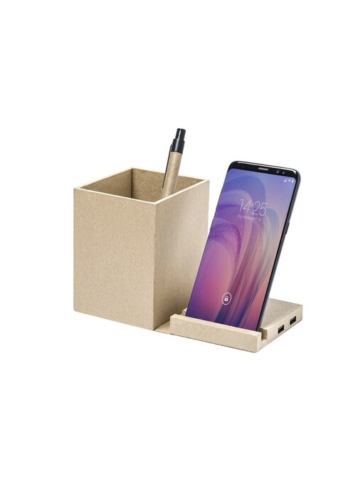 AX™ Încărcător wireless pliabil din carton reciclat 5W, hub USB 2.0, suport pentru pixuri, suport pentru telefon