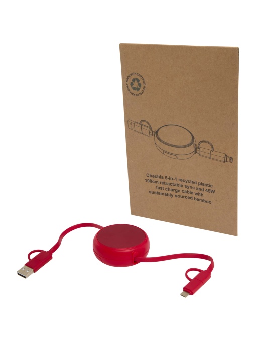 PF™ Alasia 5-in-1 100 cm recycled plastic and aluminium retractable data sync and 45W fast charge cable