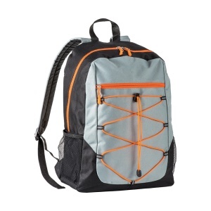 600D polyester 4-pocket backpack (two mesh side pockets). Padded straps and back