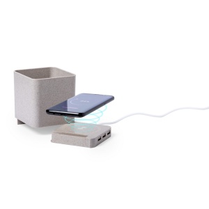 AX Wheat straw wireless charger 5W, USB hub 2.0, pen holder, phone stand