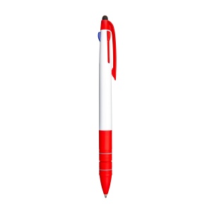 ON™ Plastic snap pen with 3 refills in blue, black and red, and touchscreen rubber tip