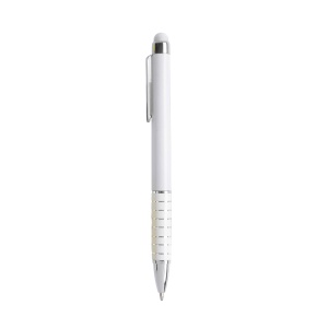 ON™ Twist pen with white plastic barrel and coloured aluminium grip, matching the touchscreen