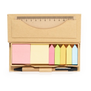 Alisio - Office Set Recycled Cardboard 220 Sticky Notes 4 x 4,5 cm. 550 Mini Sticky Notes 1,2 x 4,5 cm. Ruler 12 cm. Recycled Cardboard Pen