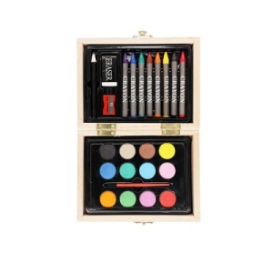 AX™ Set de pictură și desen, 24 piese, set de artizanat, creioane, pix, radieră, ascuțitoare, vopsele de apă, pensulă, cutie din lemn