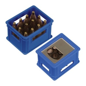 Bottle opener in the shape of a beer crate