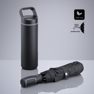 CO Outdoor Set: sticlă din oțel pentru apă 650 ml și umbrelă automată