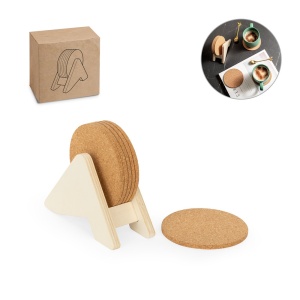 HI PLYCORK. Plywood stand with 6 cork coasters