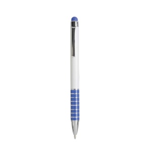 ON™ Twist pen with white plastic barrel and coloured aluminium grip, matching the touchscreen
