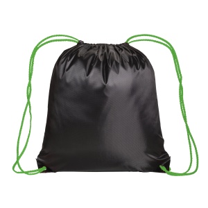 ON™ Black 210T polyester backpack with drawstring closure, reinforced black corners