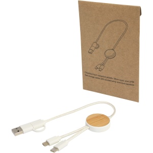 PF™ Chechia 5-in-1 recycled plastic 30 cm data sync and 27W fast charge cable with bamboo details