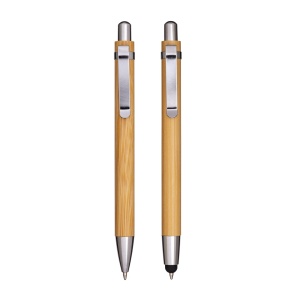 Set of two bamboo snap-in pens, one with touch screen eraser. Metal clip and black refill - Img 3