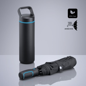 CO Outdoor Set: sticlă din oțel pentru apă 650 ml și umbrelă automată