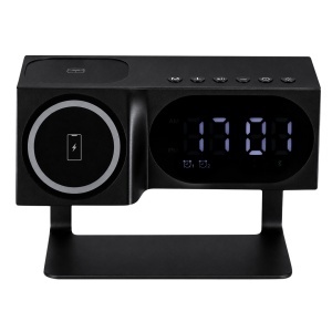 Evon - Încărcător multifuncțional din aluminiu/ ABS. Încărcător wireless 15W, difuzor, conexiune Bluetooth, putere sunet 5W. Lampă cu 5 LED-uri, luminozitate reglabilă. Baterie 1200 mAh. Conexiune tip C.