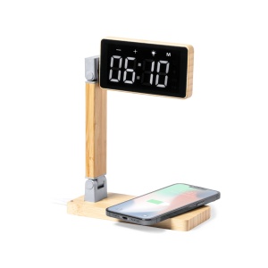MAK Edres - Multifunction Alarm Clock Bamboo Lamp 16 Leds. Foldable. 3 Light Modes. Adjustable Brightness. Wireless Charger 15W. USB Output. USB Connection