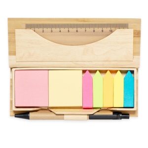 Mikonen - Office Set Bamboo 220 Sticky Notes 4 x 4,5 cm. 550 Mini Sticky Notes 1,2 x 4,5 cm. Ruler 12 cm. Recycled Cardboard Pen