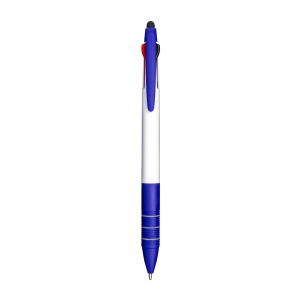 ON™ Plastic snap pen with 3 refills in blue, black and red, and touchscreen rubber tip