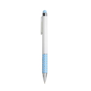 ON™ Twist pen with white plastic barrel and coloured aluminium grip, matching the touchscreen