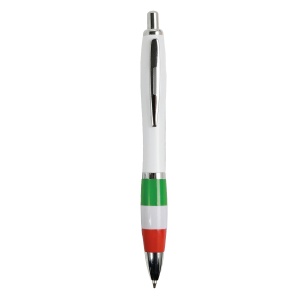 ON ABS plastic snap pen with white barrel, Italian flag-coloured grip and metal clip
