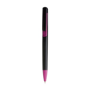 ON Plastic snap pen with black barrel and metallic tip and detail