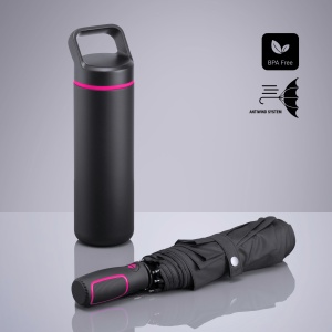 CO Outdoor Set: sticlă din oțel pentru apă 650 ml și umbrelă automată