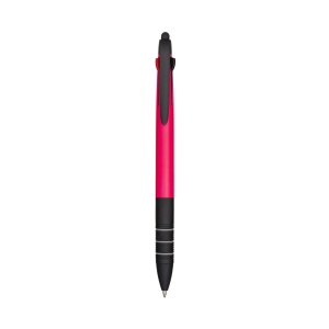 ON™ Plastic snap pen with 3 refills in blue, black and red, and touchscreen rubber tip