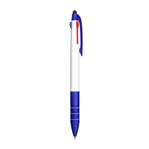 ON™ Plastic snap pen with 3 refills in blue, black and red, and touchscreen rubber tip