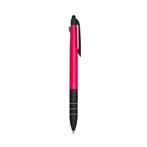 ON™ Plastic snap pen with 3 refills in blue, black and red, and touchscreen rubber tip