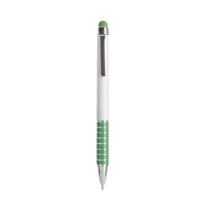 ON™ Twist pen with white plastic barrel and coloured aluminium grip, matching the touchscreen