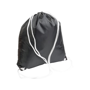 ON™ Black 210T polyester backpack with drawstring closure, reinforced black corners