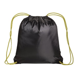 ON™ Black 210T polyester backpack with drawstring closure, reinforced black corners